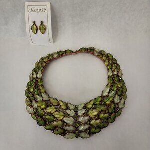 Vintage Copper Lucite Leaves Set Choker Necklace Post Earrings Green Rhinestone